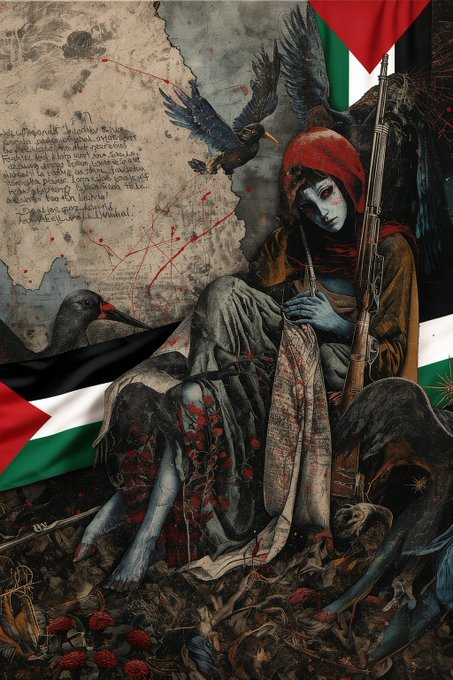 A dark, surreal digital artwork depicts a blue-skinned figure with a red headscarf holding a rifle, seated among crows, with handwritten text and the Palestinian flag in the background.