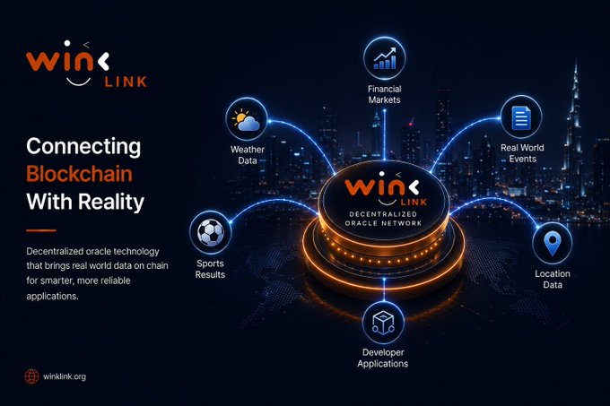 WINkLink presents its decentralized oracle network, connecting blockchain developer applications with real-world data from financial markets, weather, real-world events, sports results, and location services. The graphic highlights its mission: “Connecting Blockchain With Reality.”