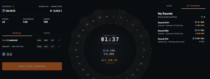 The image shows a clock with a wheel that has 30 tiles on it. The wheel is black and white, and it runs every 90 seconds. There are two options for the user to choose from when they select an amount of money to deposit into their account: either they can choose to deposit SOL or they can choose to deposit a randomly picked tile as the winning tile in a game called "Zinc LAUNCH". The post also mentions that this game is powered by Solana, which is a cryptocurrency.