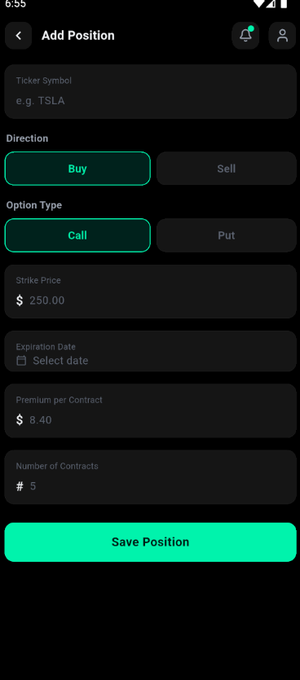 Mobile app screenshot of an 'Add Position' options trading form with fields for Ticker Symbol, Direction (Buy/Sell), Option Type (Call/Put), Strike Price ($250.00), Expiration Date, Premium per Contract ($8.40), and Number of Contracts (5), with a green 'Save Position' button.