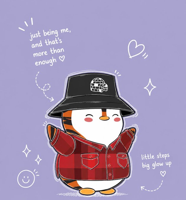 A cheerful penguin character wearing a black bucket hat and a red plaid shirt stands with arms raised in a self-hug, surrounded by hand-drawn hearts, sparkles, and smiley faces. Text on the image reads "just being me, and that's more than enough ♡" and "little steps big glow up ♡," aligning perfectly with the post's message of positivity and good vibes associated with Pudgy Penguins.