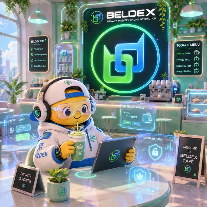 A 3D cartoon mascot in a white hoodie, cap, and glasses sits at a café table holding a laptop and a drink, surrounded by floating holographic panels advertising 'BELDEX' with the tagline 'PRIVACY, IN EVERY ONLINE INTERACTION' and a 'WELCOME TO BELDEX CAFE' sign.