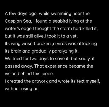 A black screen displays white text describing an artist's experience finding an injured seabird near the Caspian Sea and the vision behind their artwork, noting it was created without AI.