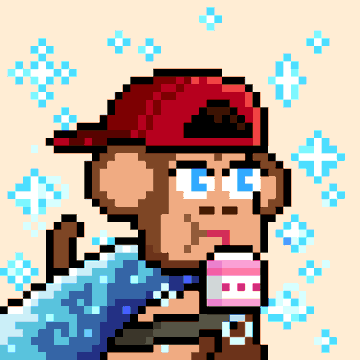 Pixel art of a character wearing a red cap and blue jacket drinking from a pink cup, surrounded by sparkling blue snowflake effects on a beige background.