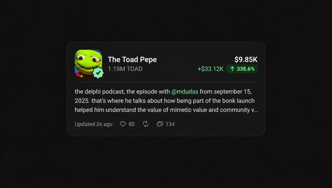 A crypto tracking card displays **"The Toad Pepe"** token (**1.19M TOAD**) at **$9.85K**, showing a gain of **+$33.12K (+338.6%)**, tying into the post "HIGHER $TOAD" by highlighting the token's strong upward price performance.