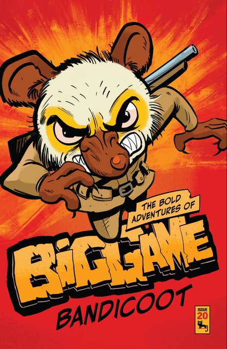 A comic book style cover titled "THE BOLD ADVENTURES OF BIG GAME BANDICOOT" showing an angry anthropomorphic bandicoot character holding a gun.