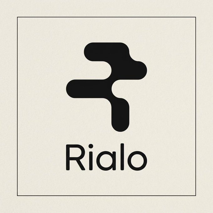 A minimalist logo on a beige background featuring a black stylized 'F' design above the text 'Rialo'.