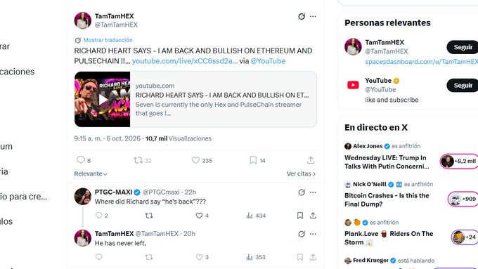 A screenshot of an X (formerly Twitter) post by TamTamHEX about 'RICHARD HEART SAYS - I AM BACK AND BULLISH ON ETHEREUM AND PULSECHAIN!!', with replies below.