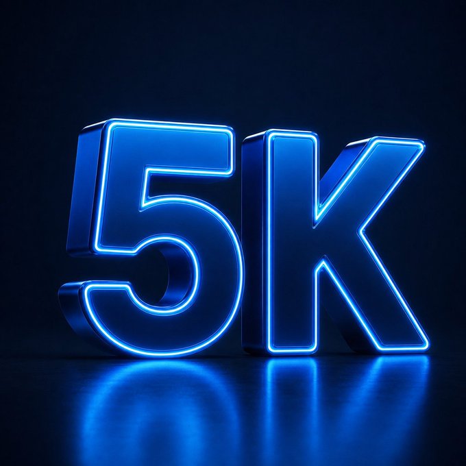 A 3D rendered graphic displays the text '5K' in glowing blue neon-style letters against a dark background.