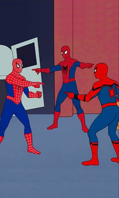 Three Spider-Men point fingers at each other in a circular blame standoff, visually echoing the post's description of Nasdaq, Kraken, and Hyperliquid each "buying into" the next in an endless circular acquisition loop.
