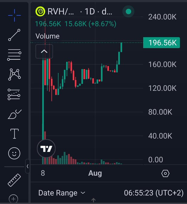 A financial chart shows RVH stock with a current price of 196.56K (+8.67%) and volume of 15.68K on a 1-day interval.