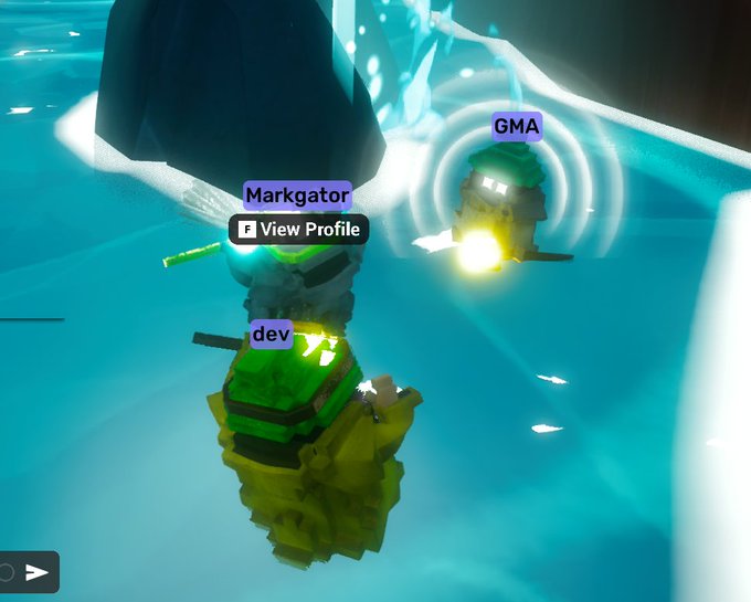 A screenshot from a video game showing blocky, voxel-like characters in water with player labels 'Markgator', 'dev', and 'GMA' above them, along with a 'F View Profile' prompt.