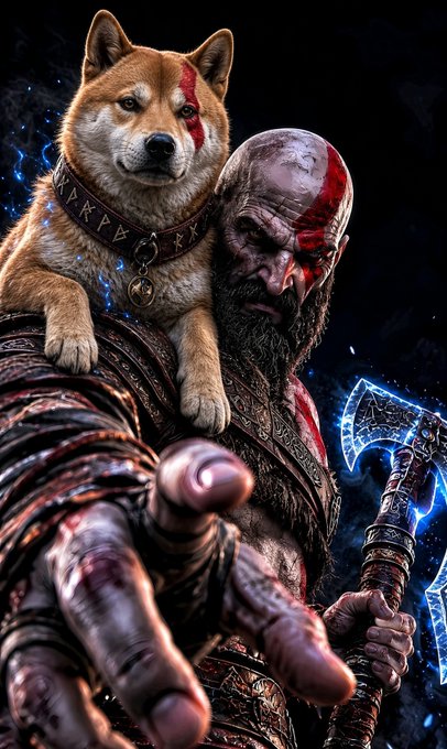 A digital illustration shows a battle-scarred bearded warrior with a glowing blue axe carrying a Shiba Inu on his shoulder.