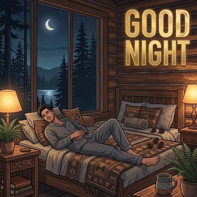 A 'GOOD NIGHT' illustration depicting a man sleeping peacefully on a bed in a cozy log cabin, with a night sky and crescent moon visible through the large window.
