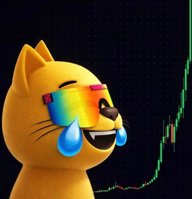A digital illustration features a yellow cat character wearing rainbow-tinted shutter shades with blue tears, smiling against a dark background displaying a green stock chart trending upward.