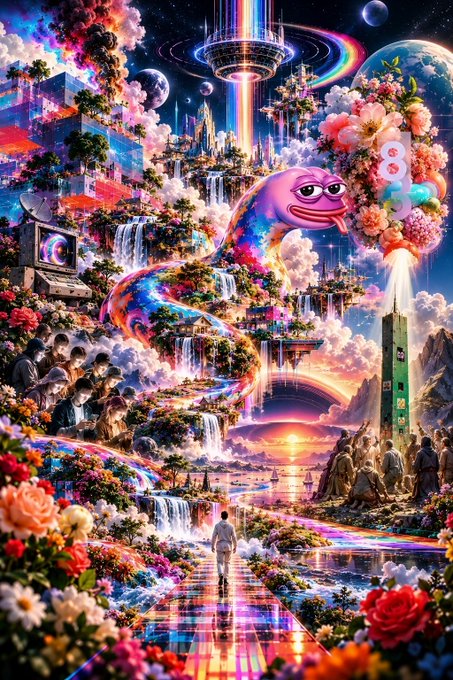 A vibrant, psychedelic fantasy landscape featuring a central pink frog-like character with a long flowing tail, surrounded by floating flowers, waterfalls, planets, and a small figure standing on a rainbow-colored path looking toward a sunset.