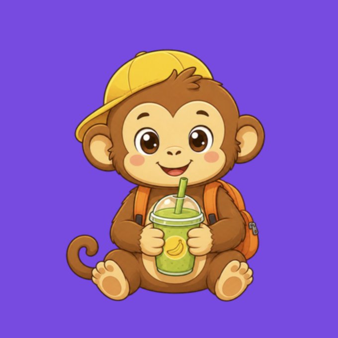 The image features a cartoon monkey sitting down with a drink in its hand, wearing a yellow hat that matches the color of the background. The monkey appears to be holding a green smoothie cup or a milkshake, which has a straw sticking out of it. The background is purple and has a white "SUNNY IS LAUNCHED ON PUMPDOTFUN" image on it, suggesting that this scene might be related to a social media post or an advertisement for the cartoon character.