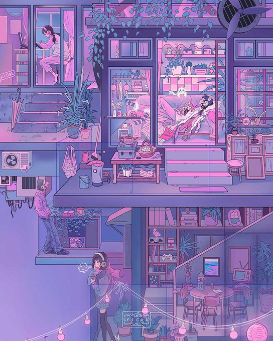 A pastel-colored, isometric illustration of a multi-level apartment building interior, showing various characters engaged in different activities like gaming, relaxing, and listening to music.