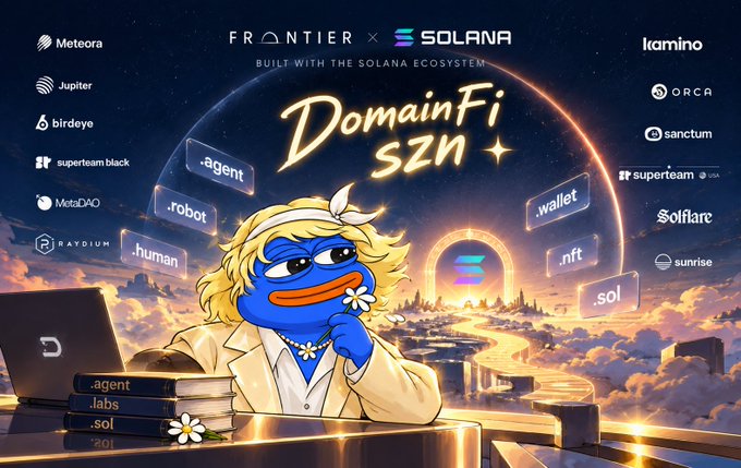 A digital illustration featuring a Pepe-style blue duck character with blonde hair in front of a planet, promoting 'DomainFi SZN' with 'FRONTIER x SOLANA' text and various crypto ecosystem logos including Meteora, Jupiter, Birdeye, and Kamino.