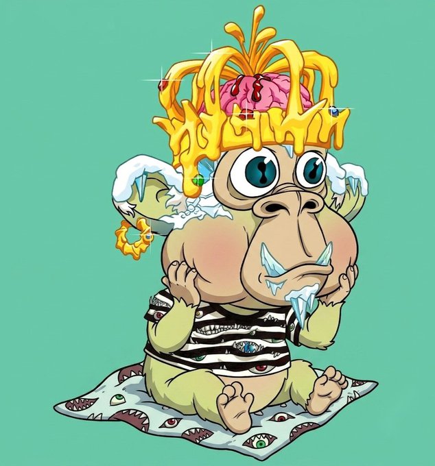 A colorful digital illustration of a cartoonish, grotesque character with a gold crown, exposed brain, and striped shirt, sitting on a patterned cloth against a teal background.