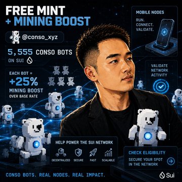 A promotional graphic with text "FREE MINT + MINING BOOST", "@conso_xyz", "5,555 CONSO BOTS ON SUI", "+25% MINING BOOST", and "CONSO BOTS. REAL NODES. REAL IMPACT" featuring a man's photo and robot illustrations.