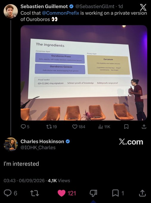 A Twitter screenshot shows Sebastien Guillemot commenting on @CommonPrefix working on a private version of Ouroboros, featuring a presentation slide about 'The ingredients' including Ouroboros Praos, Ouroboros Genesis, and Zarcanum, with Charles Hoskinson replying 'I'm interested'.