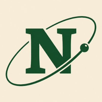 A logo featuring a bold green letter 'N' encircled by an orbital ring with a small sphere, set against a cream background.