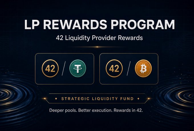 A promotional graphic for an 'LP REWARDS PROGRAM' highlighting '42 Liquidity Provider Rewards' with icons for Tether (₮) and Bitcoin (₿), noting a 'STRATEGIC LIQUIDITY FUND' with the tagline 'Deeper pools. Better execution. Rewards in 42.'