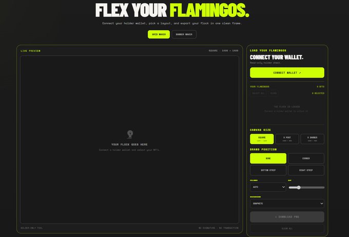 The image shows the Flamingos Grid Maker interface with the bold headline "FLEX YOUR FLAMINGOS," featuring a live preview canvas displaying "YOUR FLOCK GOES HERE - Connect a holder wallet and select your NFTs" alongside a right-side panel with "CONNECT YOUR WALLET," canvas size options (Small, Medium, X-Large), brand position controls (Top, Center, Bottom Crop, Right Crop), and a "DOWNLOAD PNG" button—directly matching the post's announcement of a tool for holders to select Flamingos and build their grid.