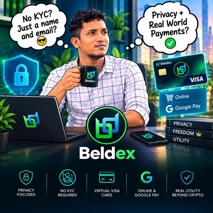 A promotional graphic for Beldex features a man with thought bubbles reading 'No KYC? Just a name and email?' and 'Privacy + Real World Payments?', alongside a Virtual Visa card, Google Pay logo, and feature icons labeled PRIVACY FOCUSED, NO KYC REQUIRED, VIRTUAL VISA CARD, ONLINE & GOOGLE PAY, and REAL UTILITY BEYOND CRYPTO.