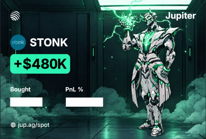 A promotional graphic for 'Jupiter' featuring an armored figure with green energy, showing a '$TONK' token with '+$480K' gains, and the URL 'jup.ag/spot'.