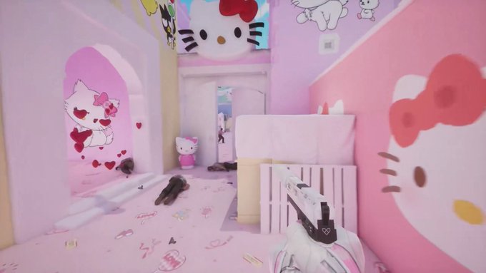 A first-person view inside a heavily decorated, pink-themed Hello Kitty room featuring Hello Kitty wall decals, a plush toy, and a weapon held by the viewer.