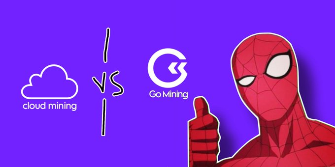 A purple graphic comparing 'cloud mining' vs 'Go Mining', featuring a Spider-Man character giving a thumbs up on the right side.