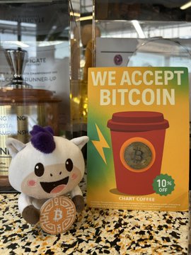 A plush toy and 'WE ACCEPT BITCOIN' sign on a counter, the sign advertises 'GIANT COFFEE' with a 10% off promotion.
