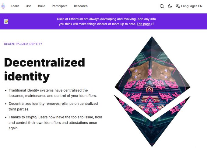 The image shows the official Ethereum.org webpage on "Decentralized identity," featuring a digital art illustration of a cat wearing pink sunglasses positioned where the Ethereum logo diamond appears. The caption from the post claims that $GIO is the "main cat runner of Ethereum" and the only cat to appear on the official Ethereum website, suggesting the image supports that claim by showing a featured cat graphic on Ethereum's decentralized identity page.