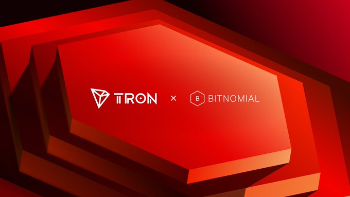 A red promotional banner featuring logos for TRON and BITNOMIAL with an 'x' between them.