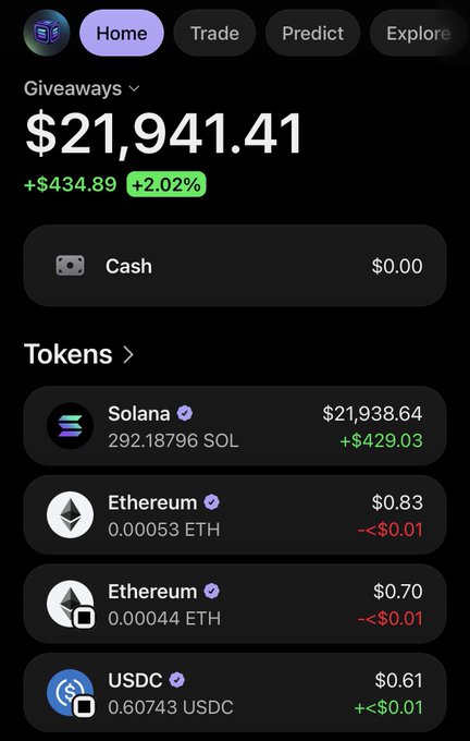 Mobile app screenshot of a crypto portfolio showing a total balance of '$21,941.41' with '+2.02%' gain, displaying holdings in Solana ($21,938.64), Ethereum, and USDC tokens.