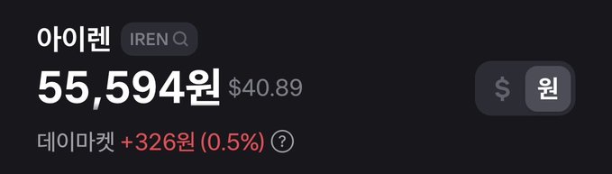 A cryptocurrency app screen showing IREN stock/coin price at 55,594원 ($40.89) with a data fee of +326원 (0.5%).