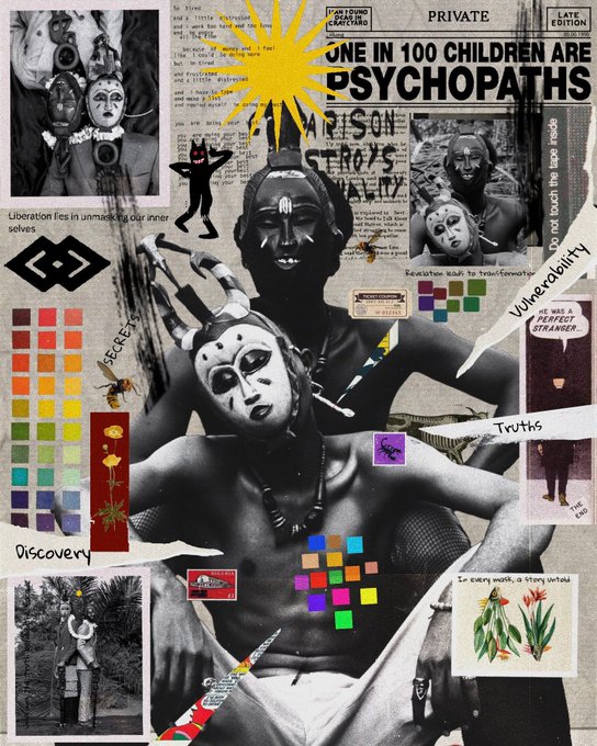 A chaotic dark collage artwork featuring the headline 'ONE IN 100 CHILDREN ARE PSYCHOPATHS' with disturbing imagery including masked people, color swatches, flies, and text about truth, secrets, and perfection.