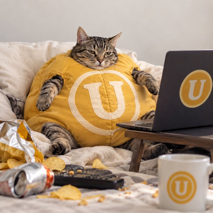 A tabby cat wearing a yellow hoodie with a 'U' logo sits on a couch looking grumpy, with a laptop bearing the same 'U' logo in front of it, alongside a matching mug, a crushed soda can, a bag of chips, and a TV remote on the messy blanket.