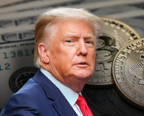 Donald Trump is pictured with US currency and Bitcoin in the background, hinting at the financial and digital asset discussions in the accompanying post. The image connects to the post's theme of proposed legislation concerning digital assets and federal officials.