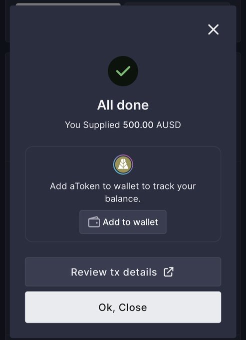A digital wallet confirmation screen showing 'All done - You Supplied 500.00 AUD' with an option to add aToken to wallet.