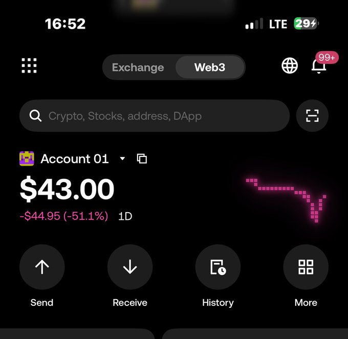 A screenshot of a crypto wallet app showing an account balance of $43.00 with a 51.1% loss in 1 day, used to promote a giveaway scam on Twitter requesting users to vouch for the account holder to receive funds.