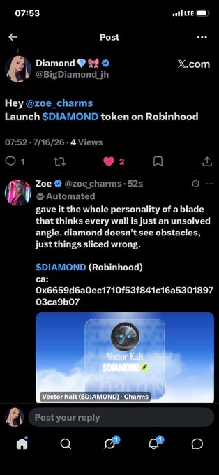 A screenshot of an X post by Diamond (@BigDiamond_jh) tagging @zoe_charms to launch $DIAMOND token on Robinhood, followed by an automated reply from Zoe providing the $DIAMOND contract address (0x6659d6a0ec1710f53f841c16a530189703ca9b07) and a promotional graphic for "Vector Kait ($DIAMOND) · Charms," illustrating the post's point about how the Charms platform can instantly deploy tokens without complex setup.