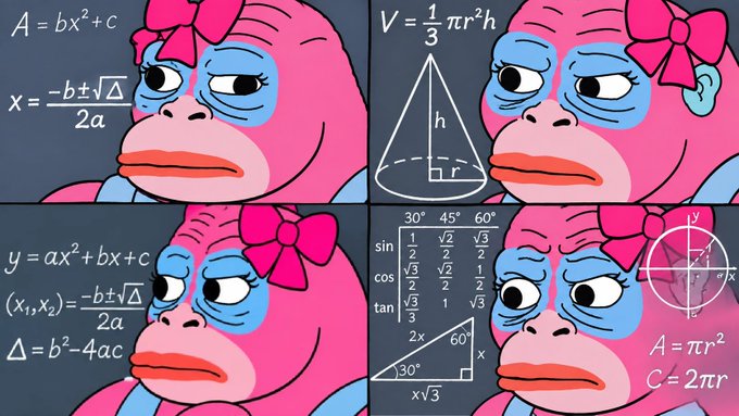A four-panel meme featuring a sad pink Pepe frog with a bow, surrounded by various math formulas including quadratic equations, volume formulas, trigonometric values, and circle equations.