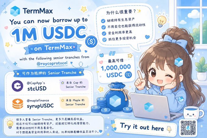 The image is a promotional graphic from TermMax announcing that users can now borrow up to 1,000,000 USDC on TermMax using senior tranches from Royco Protocol, specifically naming Cap App's stcUSD and Maple Finance's syrupUSDC as eligible collateral options. The Chinese text explains why this matters—maintaining continuous yield, gaining liquidity without selling, and improving capital efficiency—accompanied by a cute anime-style illustration of a girl at a laptop.