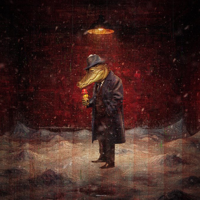 An anthropomorphic crocodile in a trench coat and fedora holds a rose under a hanging lamp in a dark, red-toned snowy landscape, signed 'NIKAMARTN'.