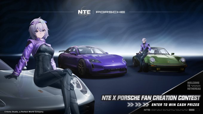 A promotional banner for the "NTE x Porsche Fan Creation Contest" featuring an anime-style character posed alongside purple and green Porsche sports cars, with the NTE x PORSCHE logo at the top and "ENTER TO WIN CASH PRIZES" text displayed, advertising the Version 1.4 fan art competition with cash prizes.
