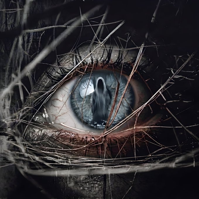 A haunting close-up of a pale blue eye, its iris eerily mirroring a ghostly shrouded figure, framed by tangled, scratch-like hairs and dark, shadowy tones. The image visually echoes the caption's chilling theme of "The Last Reflection," suggesting the ghostly apparition as a final, haunting image captured within the eye.