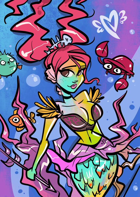 Colorful illustration of a red-haired mermaid character wearing a crown, surrounded by sea creatures including a crab and fish in an underwater scene.